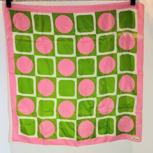 Vintage 60's Burmel Pink Green Geometric Print Silk Square Scarf Made in Japan
